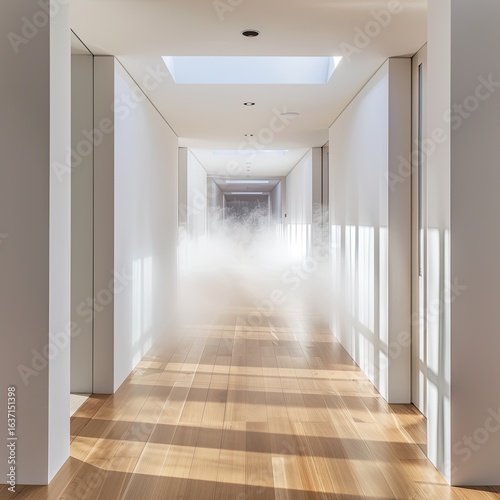 Modern hallway fog art installation, sunlight, luxury home