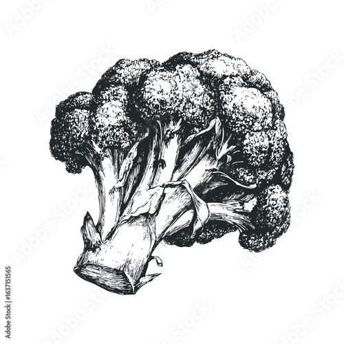 Detailed Ink Sketch of a Fresh Broccoli Head on White Background