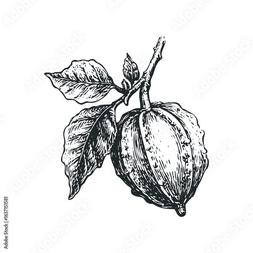 Detailed ink drawing of a ripening quince fruit on a branch with leaves