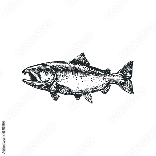 Detailed black and white sketch of a salmon with open mouth and textured scales