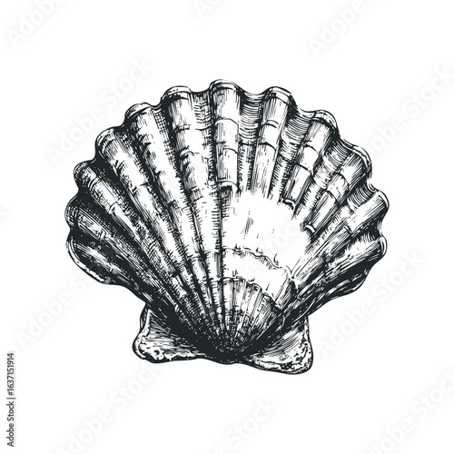 Detailed ink sketch of a scallop seashell on a white background