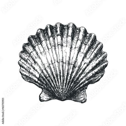 Detailed Line Drawing of a Scallop Shell on White Background