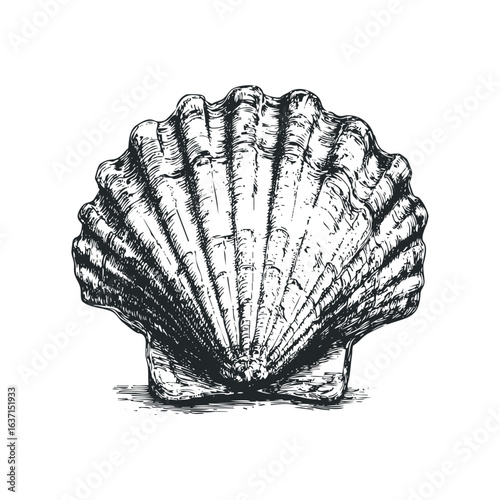Detailed black and white sketch of an open seashell on a white background