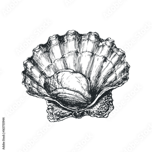Hand drawn sketch of a scallop shell with a pearl inside