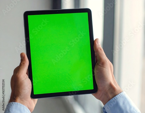 A person holding a tablet computer with a chroma key green screen, a versatile technology mockup concept