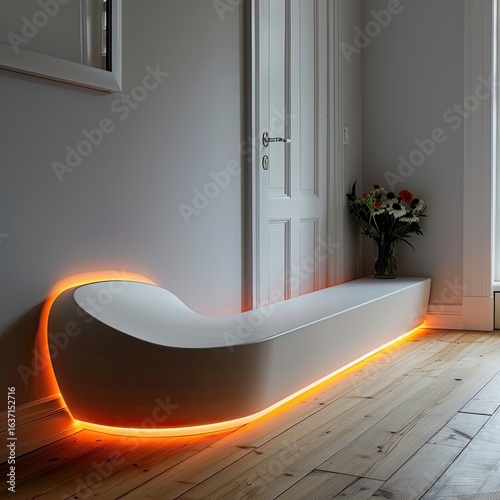 Illuminated curved bench in hallway, light wood floor, minimalist apartment interior, home design