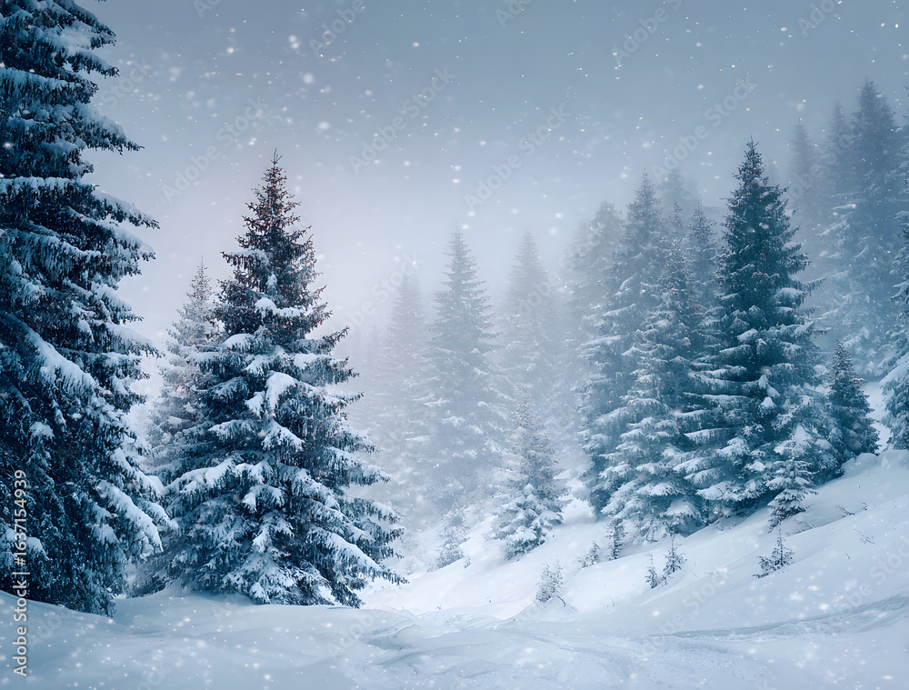 Fototapeta premium Snowfall in winter forest.Beautiful landscape with snow covered fir trees and snowdrifts.Merry Christmas and happy New Year greeting background with copy-space.Winter fairytale.
