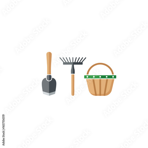 The essential trio for a tending hand: a sturdy shovel for digging deep, a rake to gather and smooth, and a waiting basket for the earth's gifts.