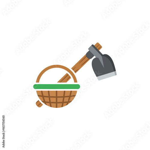 The humble tools of the earth. A sturdy basket and a sharp hoe, resting together. A silent promise of harvest and the reward of honest work.