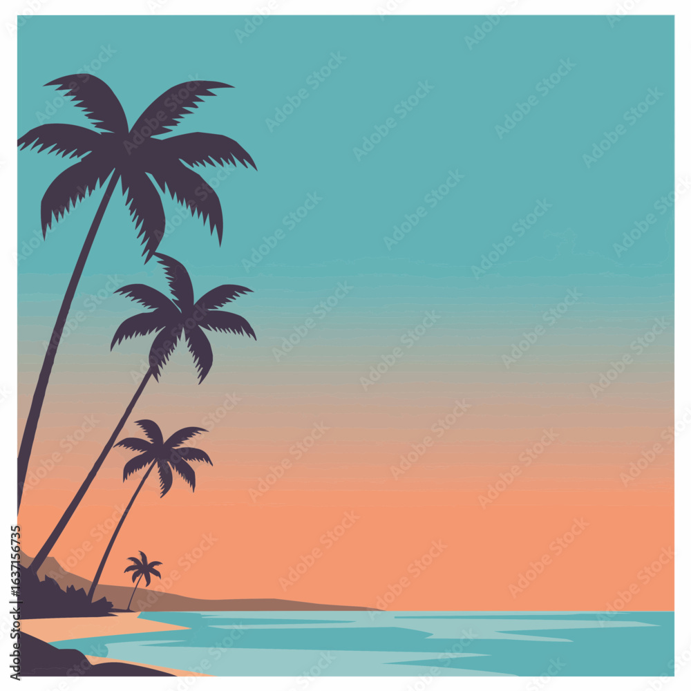 Fototapeta premium Vector Illustration of a Beach with Palm Trees at Sunset