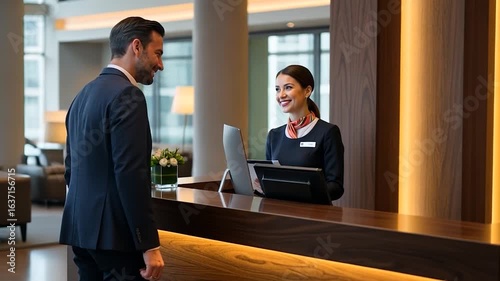 Professional Hotel Receptionist Greets Business Traveler in Modern Lobby