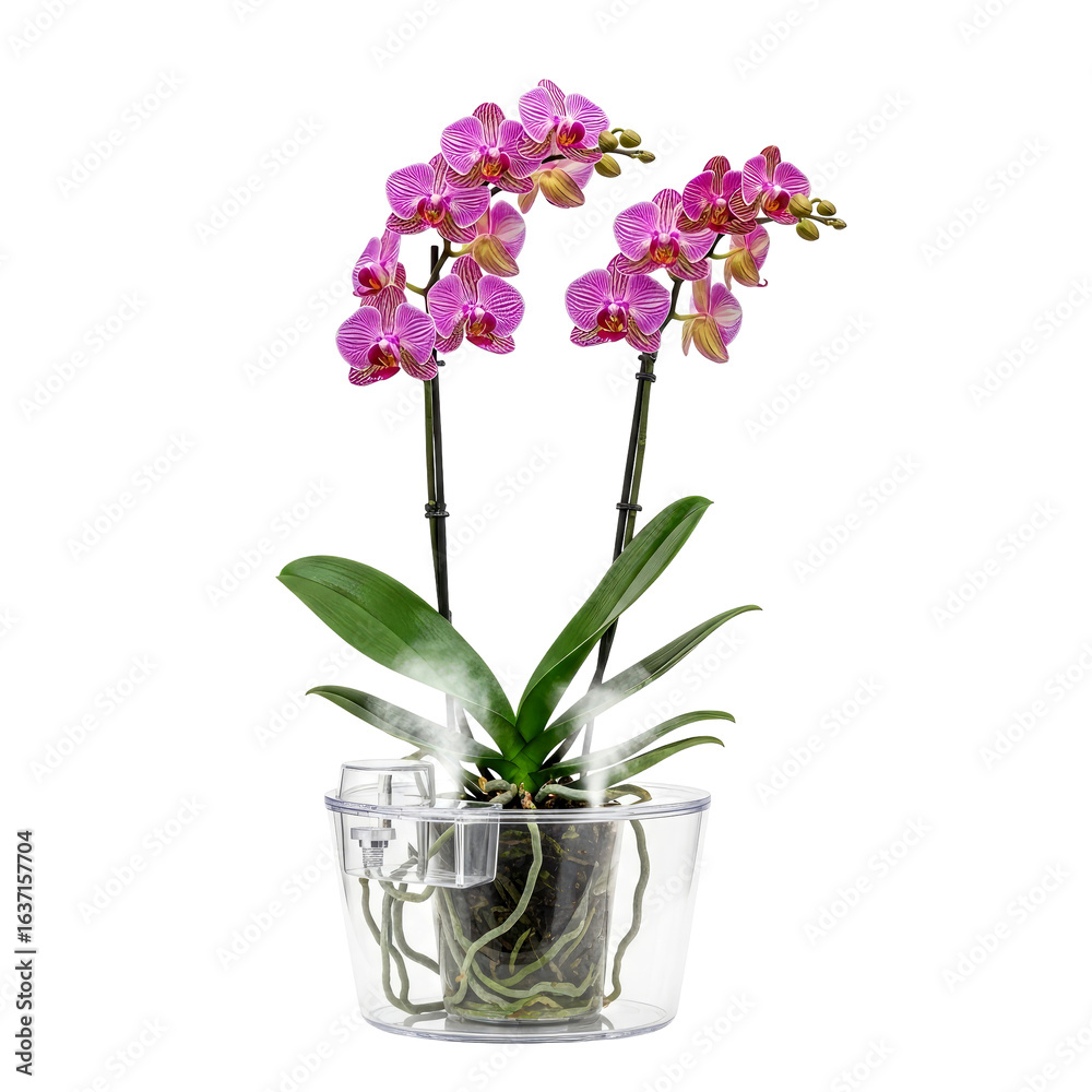Naklejka premium thriving orchid selfwatering pot for easy home plant care