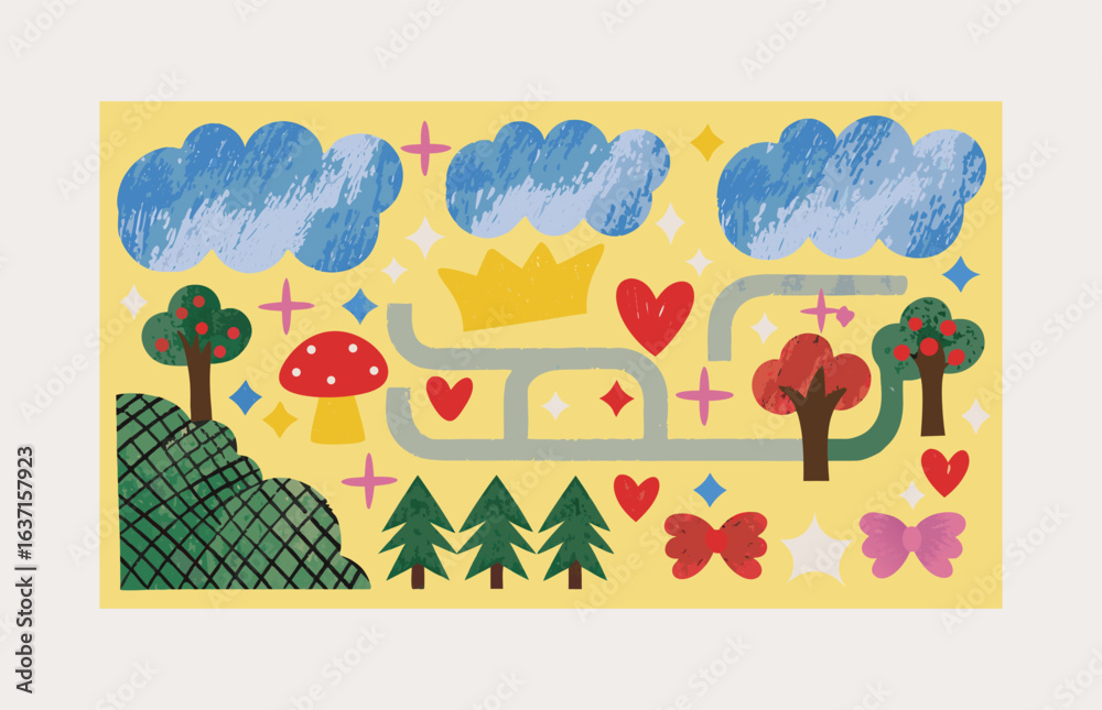 Naklejka premium Playful Nature Collage of Clouds, Trees, Flowers, Rainbows, and Forest Symbols in Vibrant Pastel Doodle Style. 