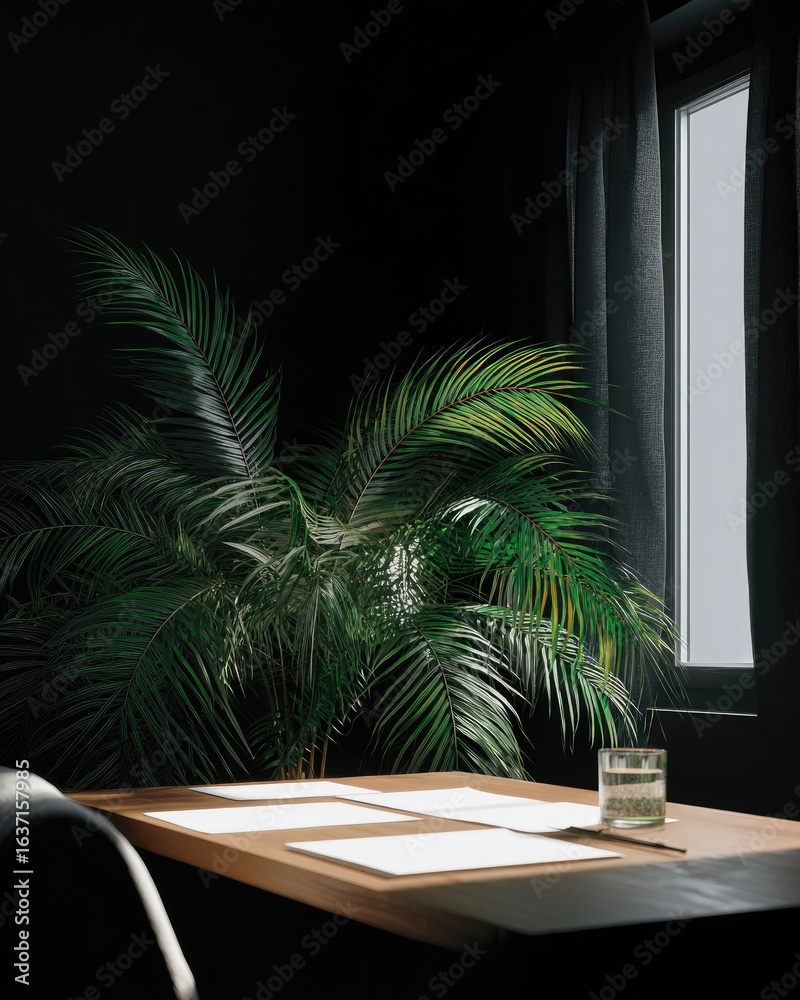 Obraz premium Dark room, wooden table, papers, plant, sunlight, window, calm workspace, design inspiration