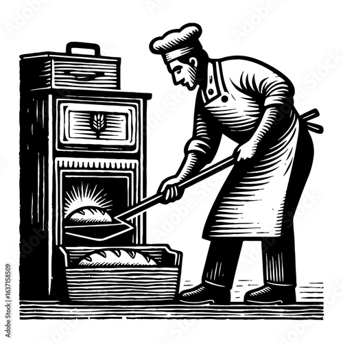 Professional Baker Baking Fresh Bread in Traditional Oven Woodcut Black and White Outline Line Art Drawing