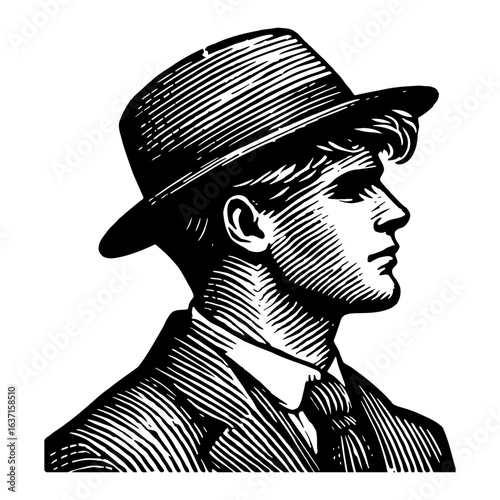 Black and White Outline Line Art Drawing of a Man in a Fedora Hat and Suit Side Profile View Classic Style