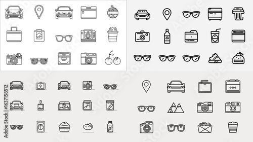 Minimalist vector icon set of travel and leisure essentials including cameras, sunglasses, food, and location markers, perfect for tourism and lifestyle design projects.