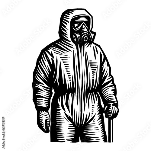 Person in Hazmat Suit and Gas Mask Black and White Outline Line Art Drawing Illustration Vintage Engraving