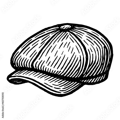 Vintage Flat Cap Newsboy Hat Side View Black and White Outline Line Art Drawing Engraved Style