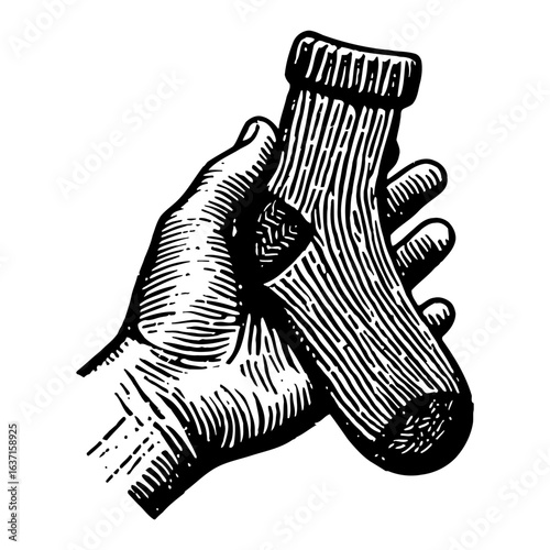 Black and White Outline Line Art Drawing Hand Holding Sock Detailed Engraving Style Vintage Aesthetic
