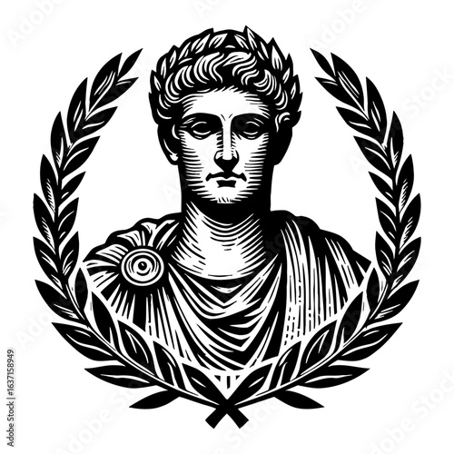 Ancient Roman Emperor Bust Portrait with Laurel Wreath in Classic Style Black and White Outline Line Art Drawing