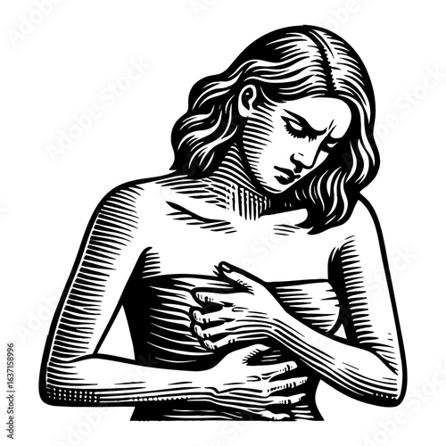 Black and White Outline Line Art Drawing Woman Suffering Pain Holding Chest or Stomach Abdomen Anguish