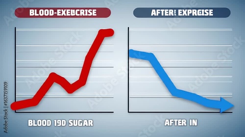 Animated Blood Sugar Level Chart Demonstrating Increase with Exercise and Decrease after Insulin Injection on Gradient Blue Background for Medical Education Presentation and Heathcare Awareness over