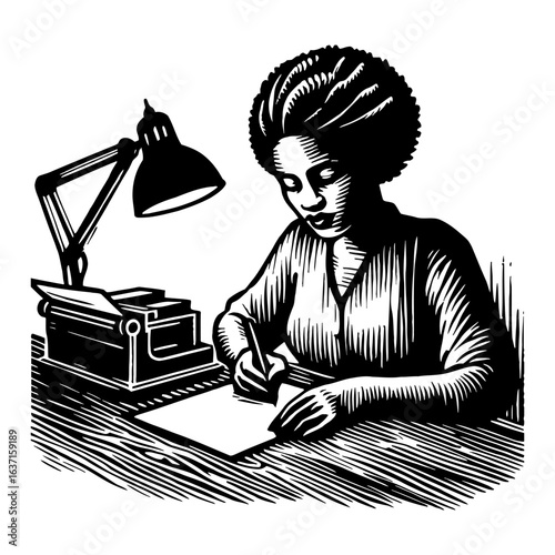 African American Woman Writing with Pen on Paper at Desk with Lamp Typewriter Black and White Outline Line Art Drawing