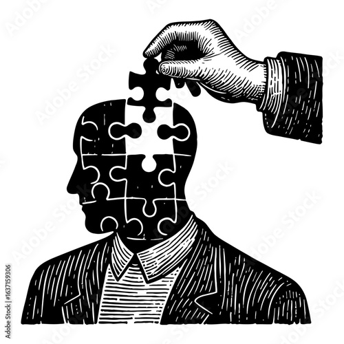 Hand Placing Missing Puzzle Piece into Human Head Completing Brain Logic Black and White Outline Line Art Drawing