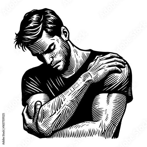 Man Suffering from Shoulder Pain with Arm Across Body Black and White Outline Line Art Drawing