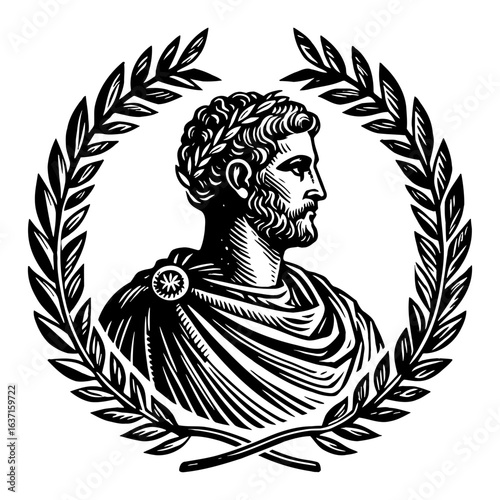 Classical Roman Emperor Profile with Laurel Wreath Black and White Outline Line Art Drawing Vintage Engraving Style