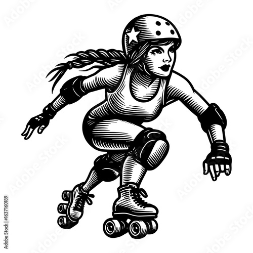 Dynamic Female Athlete Roller Skating Action Pose Black and White Outline Line Art Drawing Vintage Style