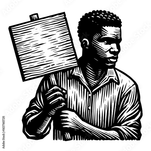 Determined Person Holding Protest Sign Over Shoulder Black and White Outline Line Art Drawing Woodcut Style Illustration