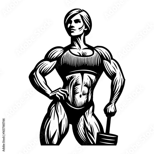 Powerful Female Bodybuilder Posing with Hammer Muscular Physique Black and White Outline Line Art Drawing