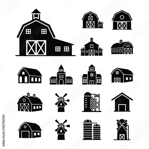 Vector art of collection of barn and farm building icons isolated on white background