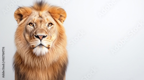 Portrait of huge beautiful male African lion against black background