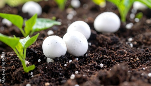 White button mushrooms sprouting amongst young pepper plants in rich dark soil.