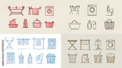 Colorful hand-drawn icon set of laundry essentials including washing machines, detergents, drying racks, and baskets, ideal for cleaning and home care design.