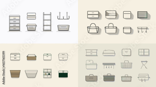 Minimalist vector illustration of storage baskets, bins, and organizers for home and office use, perfect for organization and interior design projects.