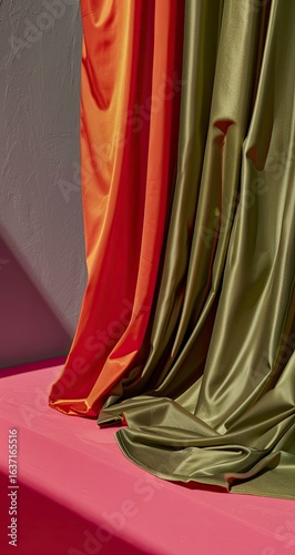 Draped silk fabrics  studio shot  vibrant colors  pink backdrop  textile design