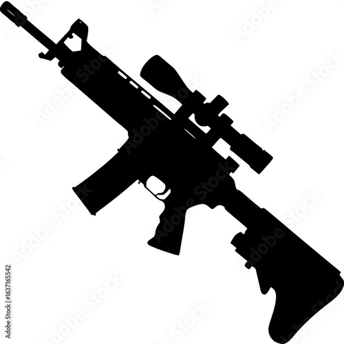 "Flat black silhouette art of a scoped semi-automatic rifle, positioned horizontally, showing all major components, on a white background."