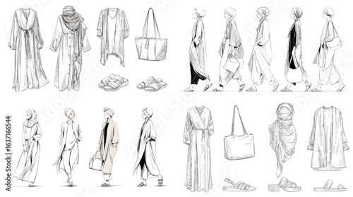 Elegant hand-drawn fashion sketches of modest clothing styles, accessories, and outfits, ideal for fashion design, styling, and trend inspiration.
