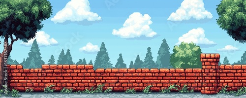 Stone Wall in Forest Cloudy Blue Sky, Retro Video Game Landscape, 16bit Gaming Design Asset
