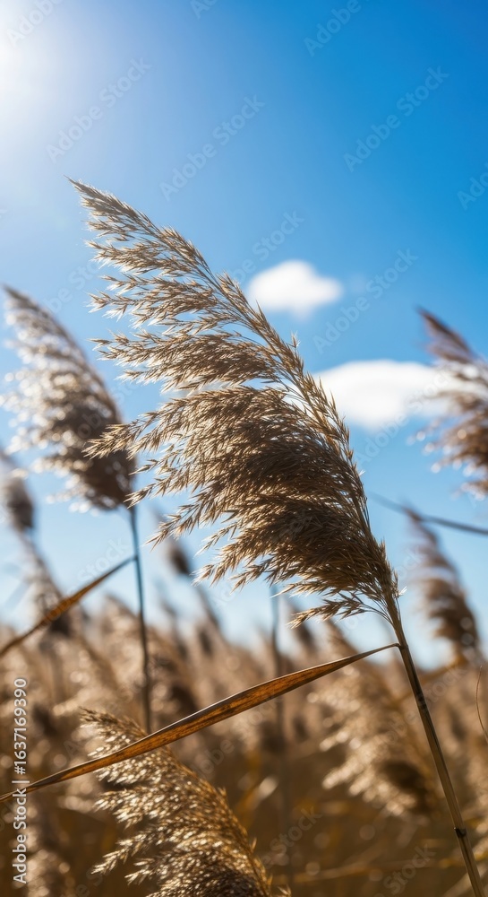 Obraz premium Golden reed plumes against a backdrop of clear blue sky and soft clouds