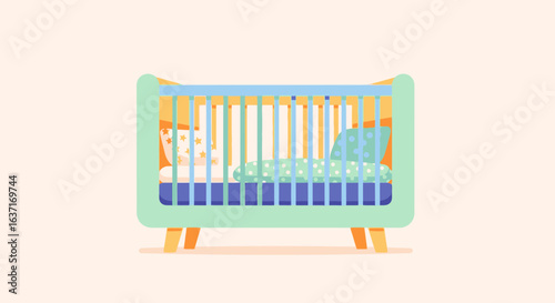 Cozy Baby Crib with Pillows and Polka Dots, Cartoon Style Illustration