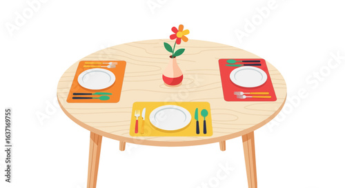 Dining setup with colorful placemats and central floral decoration