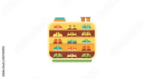 Stylized Shoe Rack Illustration with Organized Footwear and Accessories