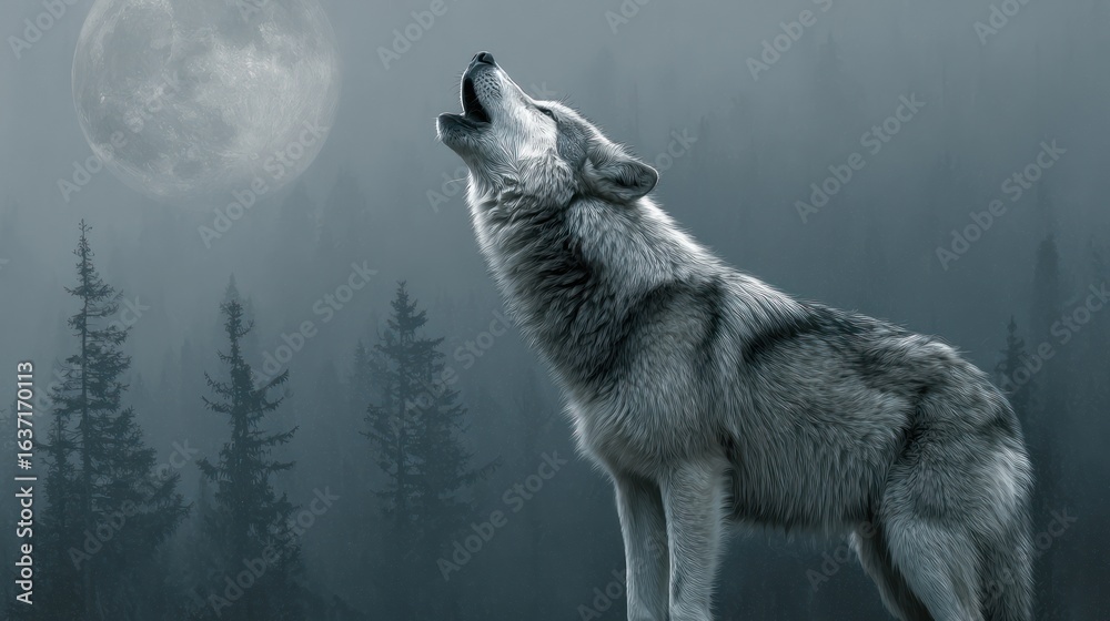 Naklejka premium Gray wolf howling at full moon over misty forest