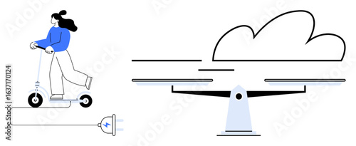 Woman rides plugged-in electric scooter beside a balanced scale and cloud design. Ideal for mobility, renewable energy, sustainability, innovation, eco-consciousness, modern technology, balance