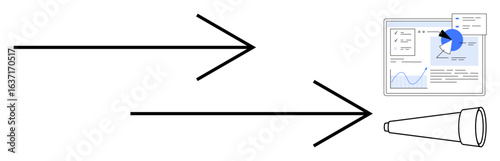 Two arrows point to a data analysis dashboard with graphs, charts, and telescope. Ideal for strategy, exploration, research, focus, progress, planning simple landing page